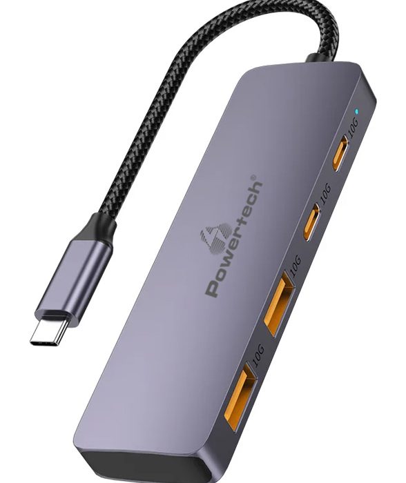 POWERTECH USB hub CAB-UC082, 4x θυρών, 10Gbps, USB-C σύνδεση, γκρι