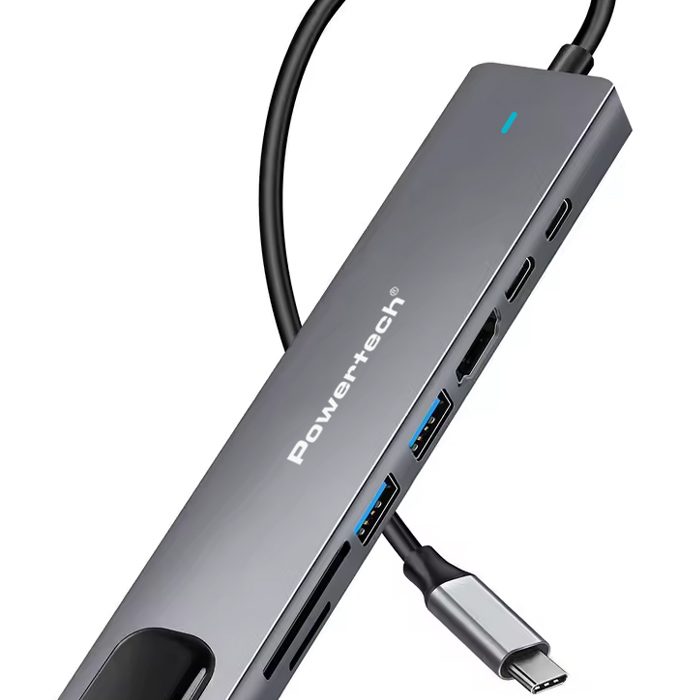 POWERTECH docking station PT-1537, 8 θυρών, USB-C σύνδεση, 100W PD, 1000Mbps, γκρι